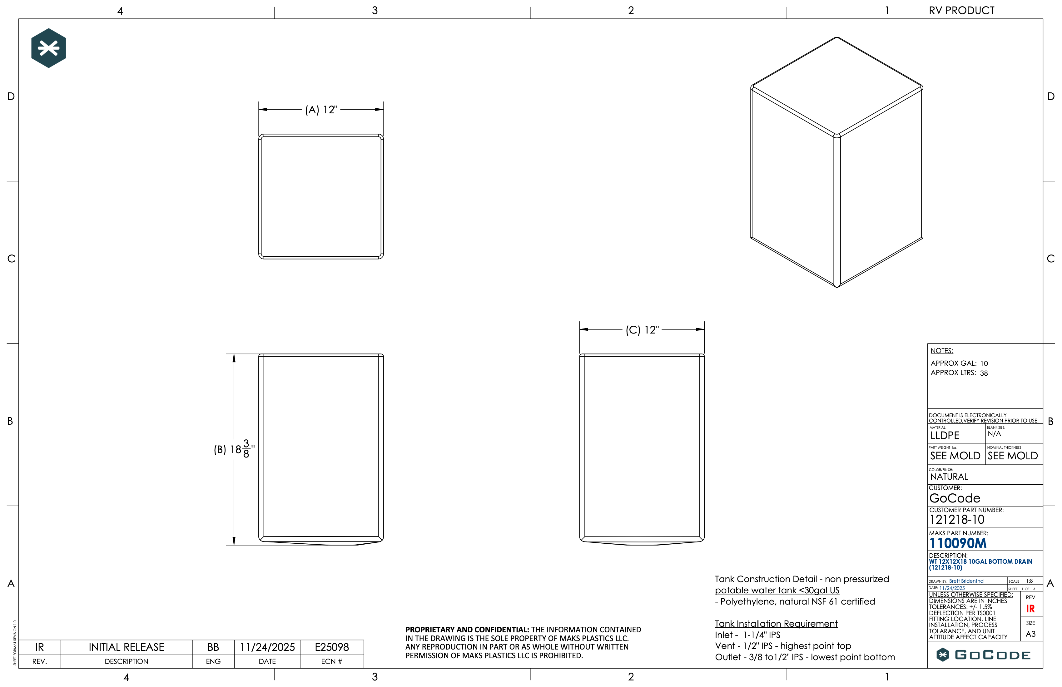 NW Conversions 10 Gallon Galley Water Tank (Fresh/Grey)