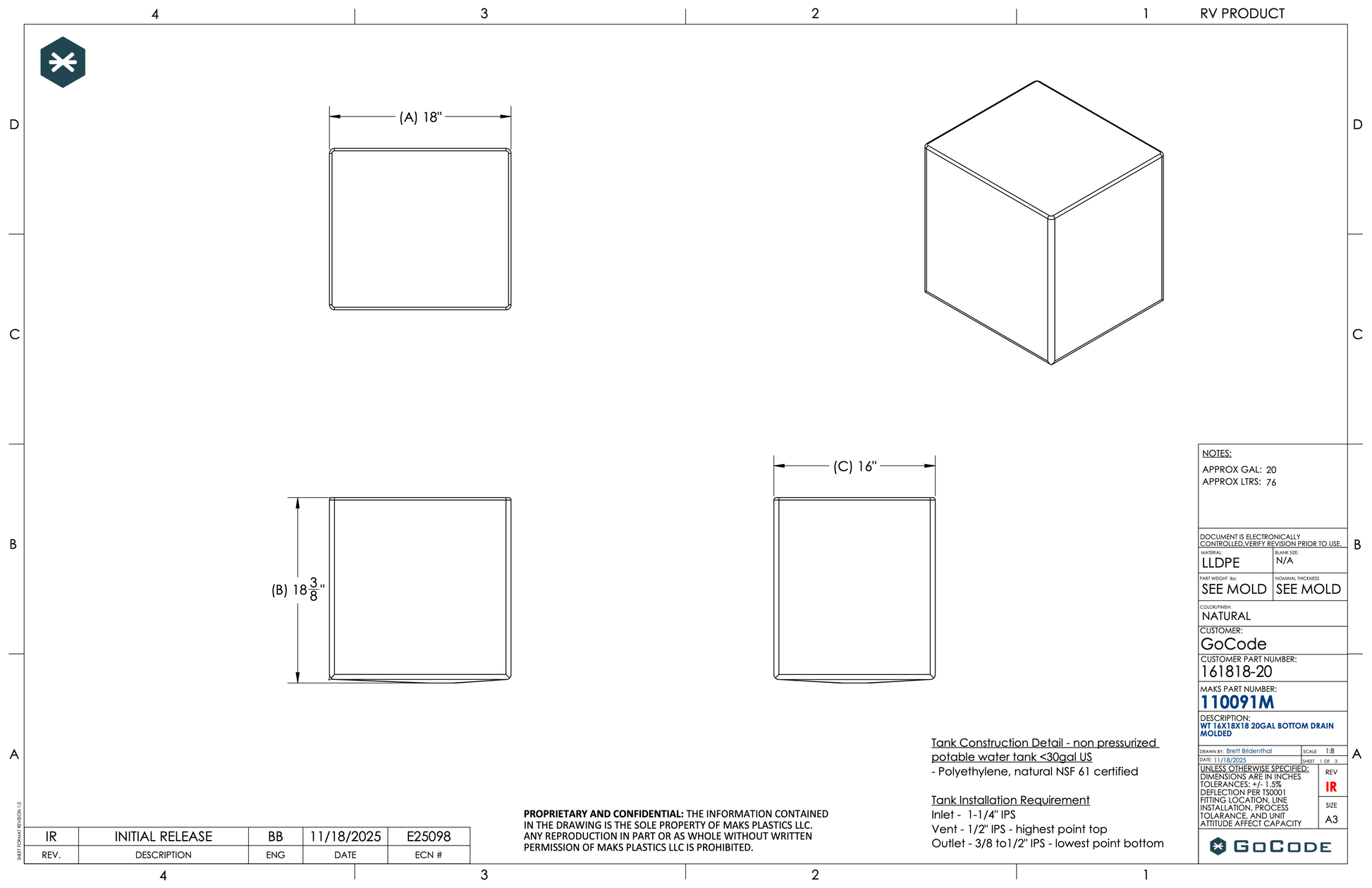 NW Conversions 20 Gallon Galley Water Tank (Fresh/Grey)