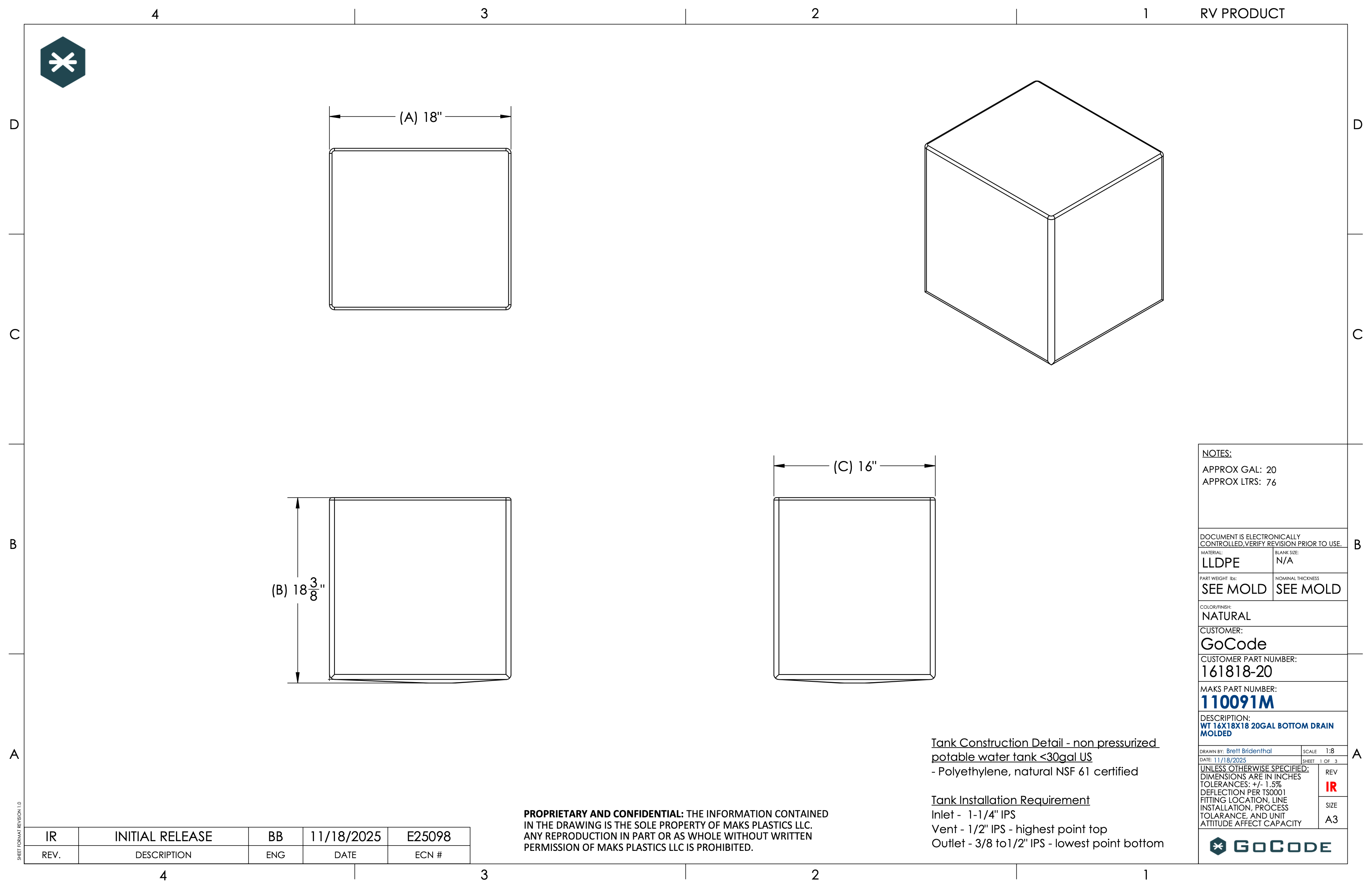 NW Conversions 20 Gallon Galley Water Tank (Fresh/Grey)