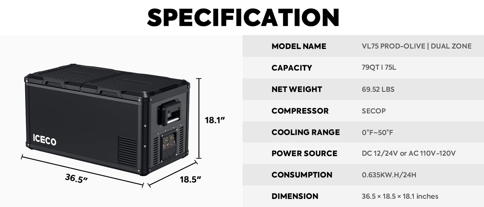 ICEO VL75ProD 12/24V Dual Zone Portable Refrigerator Freezer 75L