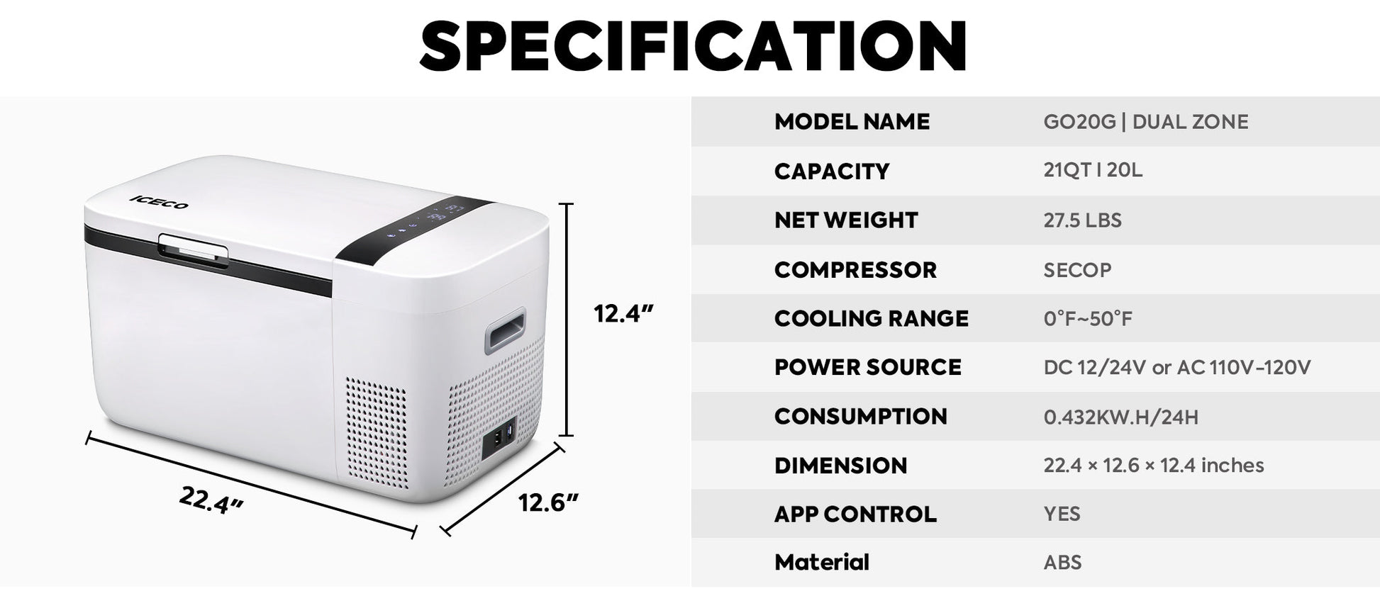 ICECO GO20 12/24V Dual Zone Portable Refrigerator Freezer 20L