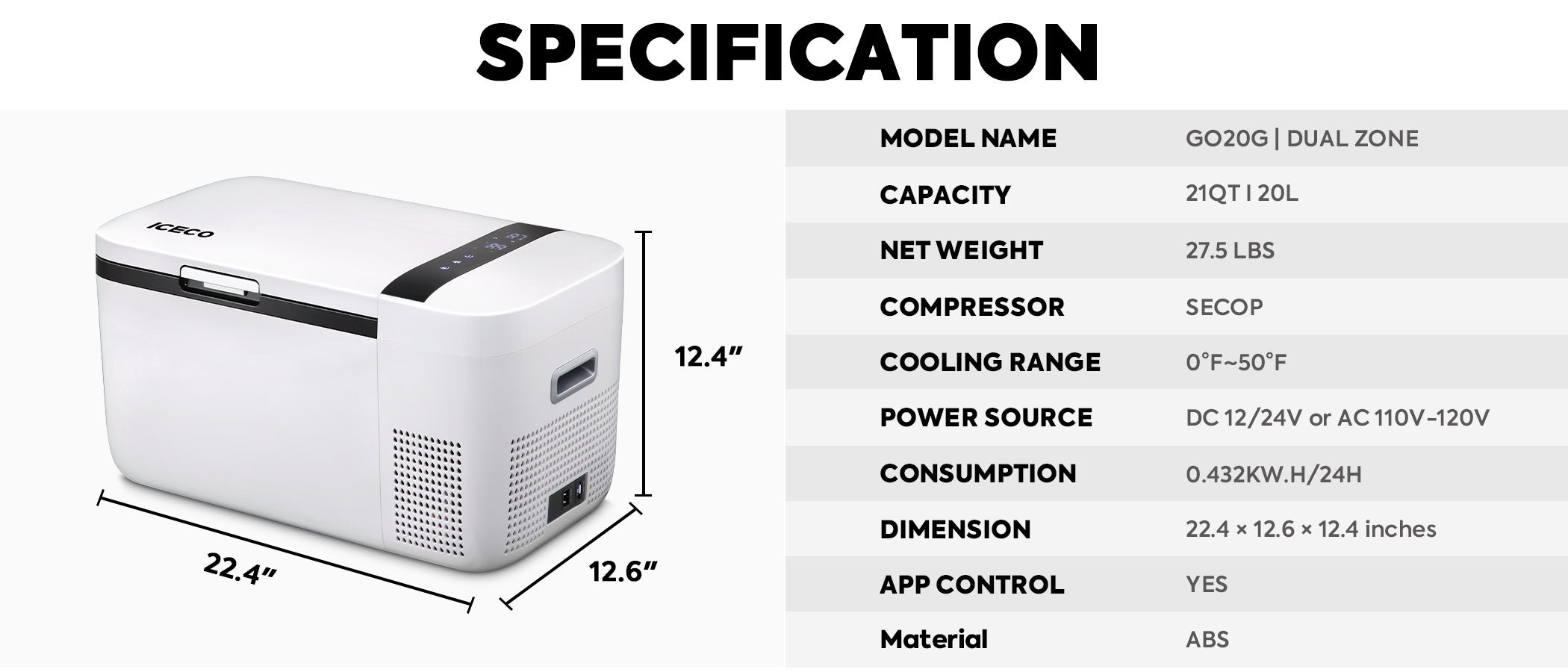 ICECO GO20 12/24V Dual Zone Portable Refrigerator Freezer 20L