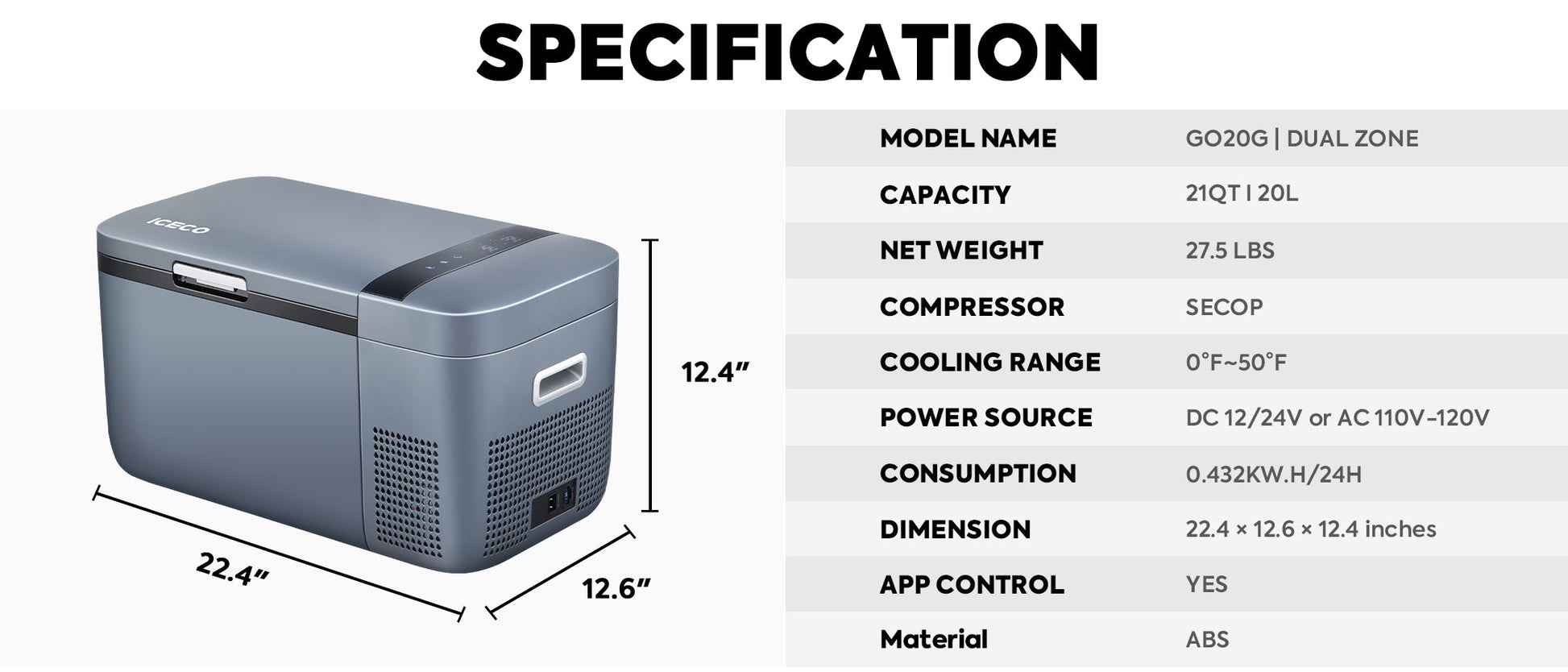 ICECO GO20 12/24V Dual Zone Portable Refrigerator Freezer 20L
