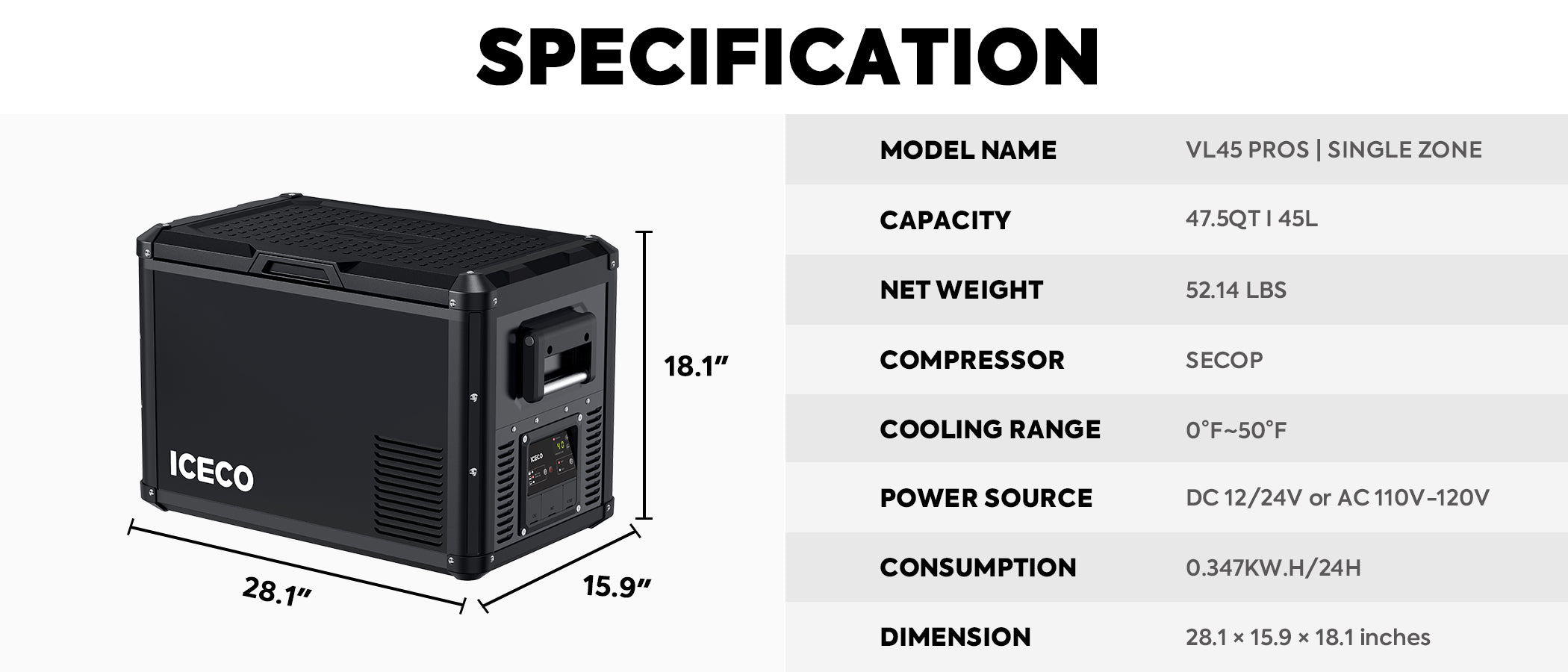 ICECO VL45ProS 12/24V Single Zone Portable Refrigerator Freezer 45L