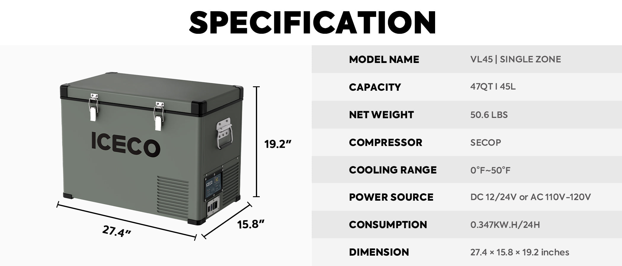 ICECO VL45 12/24V Single Zone Portable Refrigerator Freezer 45L