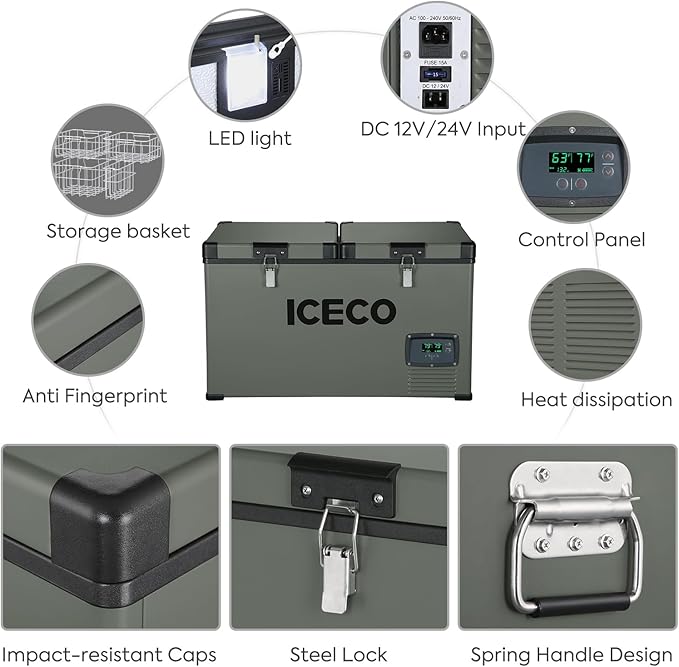 ICECO VL60 12/24V Dual Zone Metal Refrigerator Freezer with Insulated Cover 60L