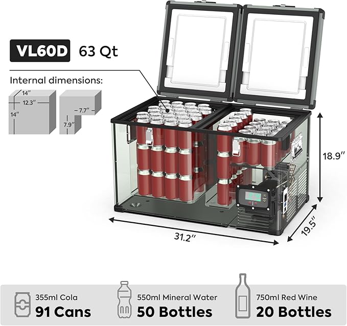 ICECO VL60 12/24V Dual Zone Metal Refrigerator Freezer with Insulated Cover 60L