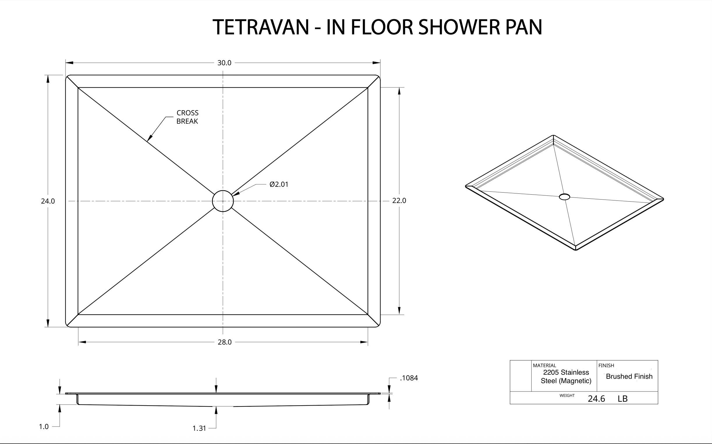 Tetravan Flush Mounting (In-Floor) Shower Pan - Stainless Steel
