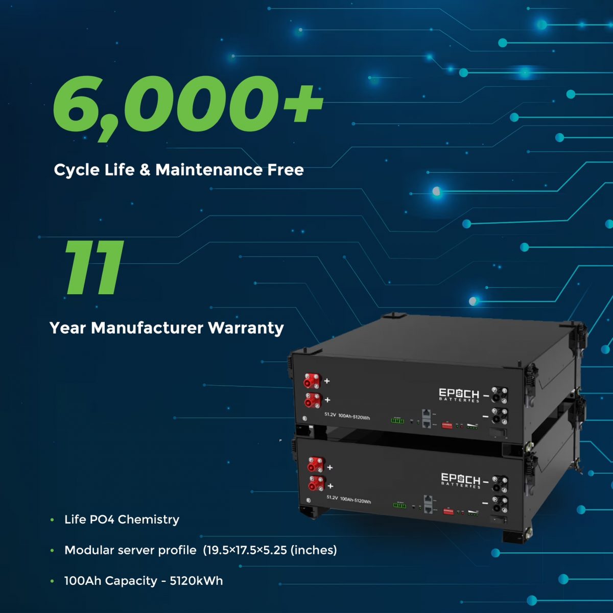 Epoch 100Ah Lithium Server Rack Battery (48-Volt) with Internal Heater