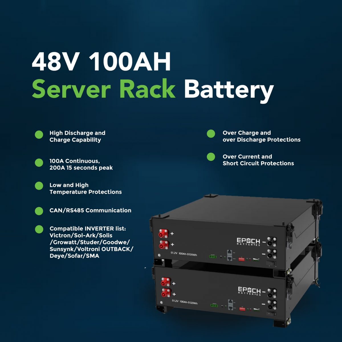 Epoch 100Ah Lithium Server Rack Battery (48-Volt) with Internal Heater