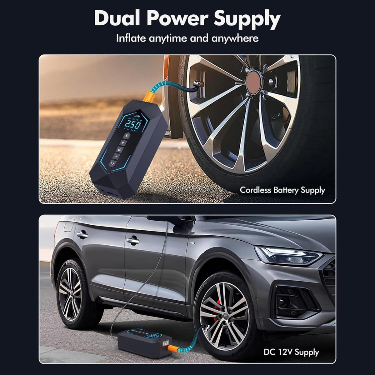 Portable Wireless Air Pump – 12V Rechargeable Tire & Flat-Jack Inflator