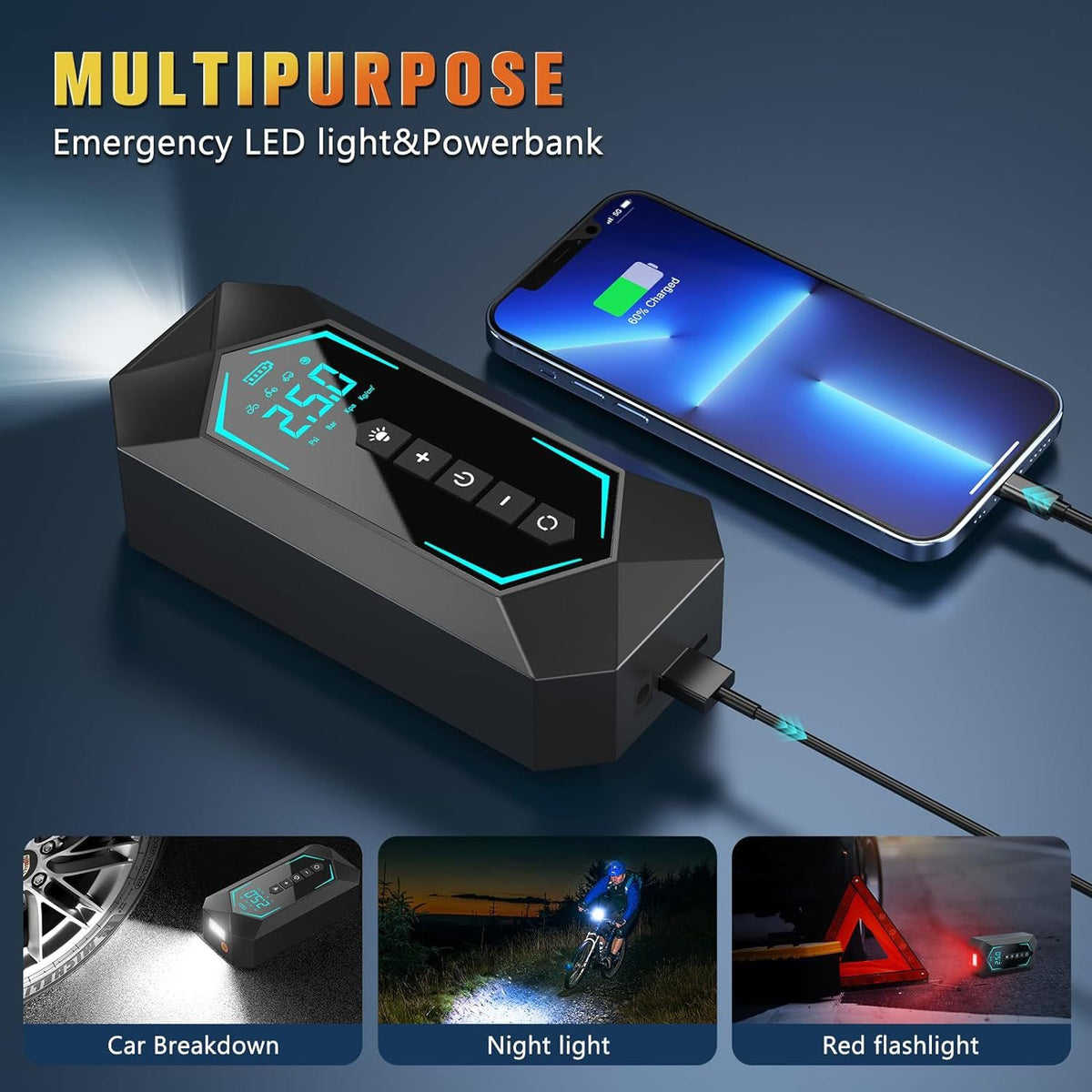 Portable Wireless Air Pump – 12V Rechargeable Tire & Flat-Jack Inflator