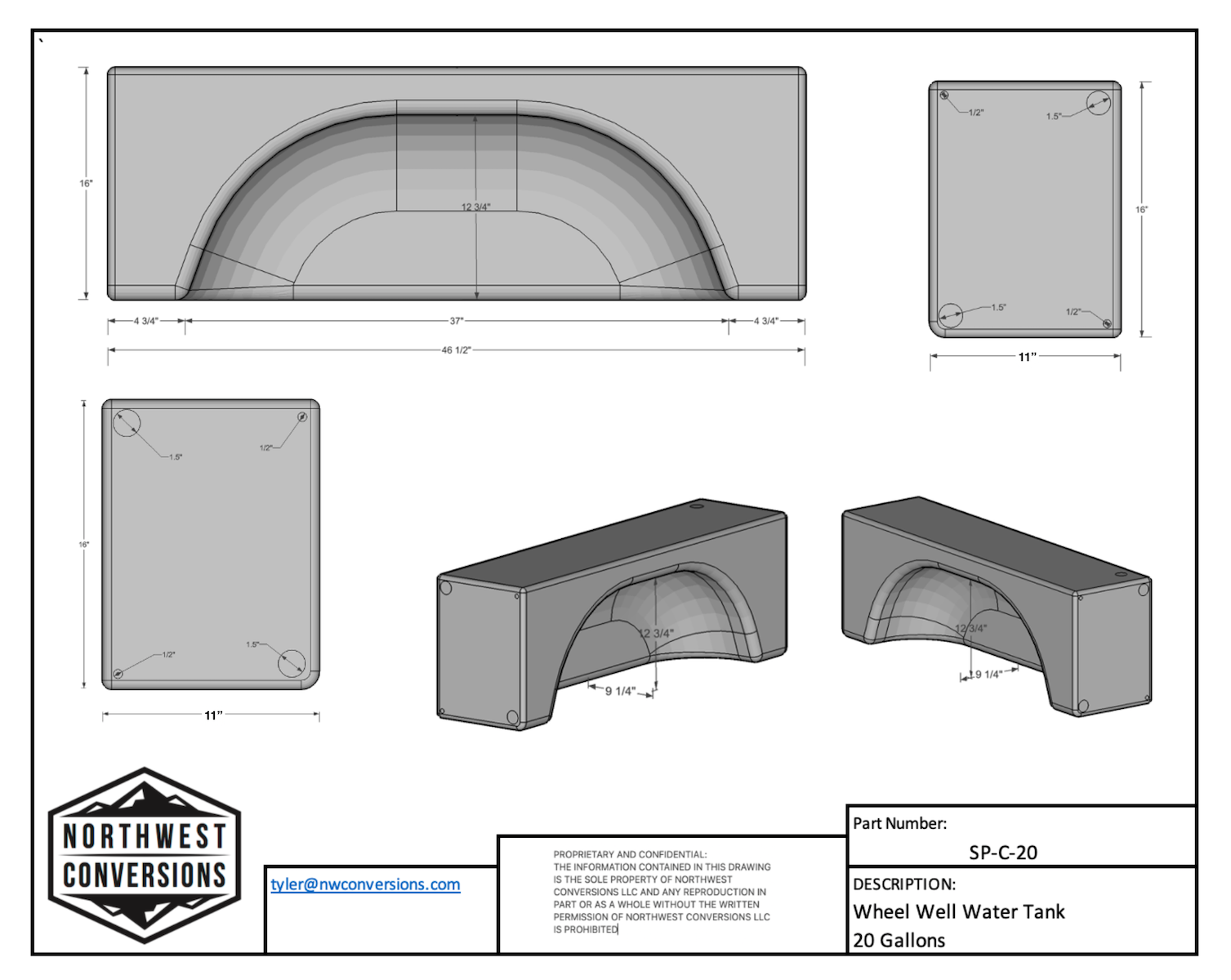 NW Conversions 20 Gallon Wheel Well Water Tank - Sprinter/Transit