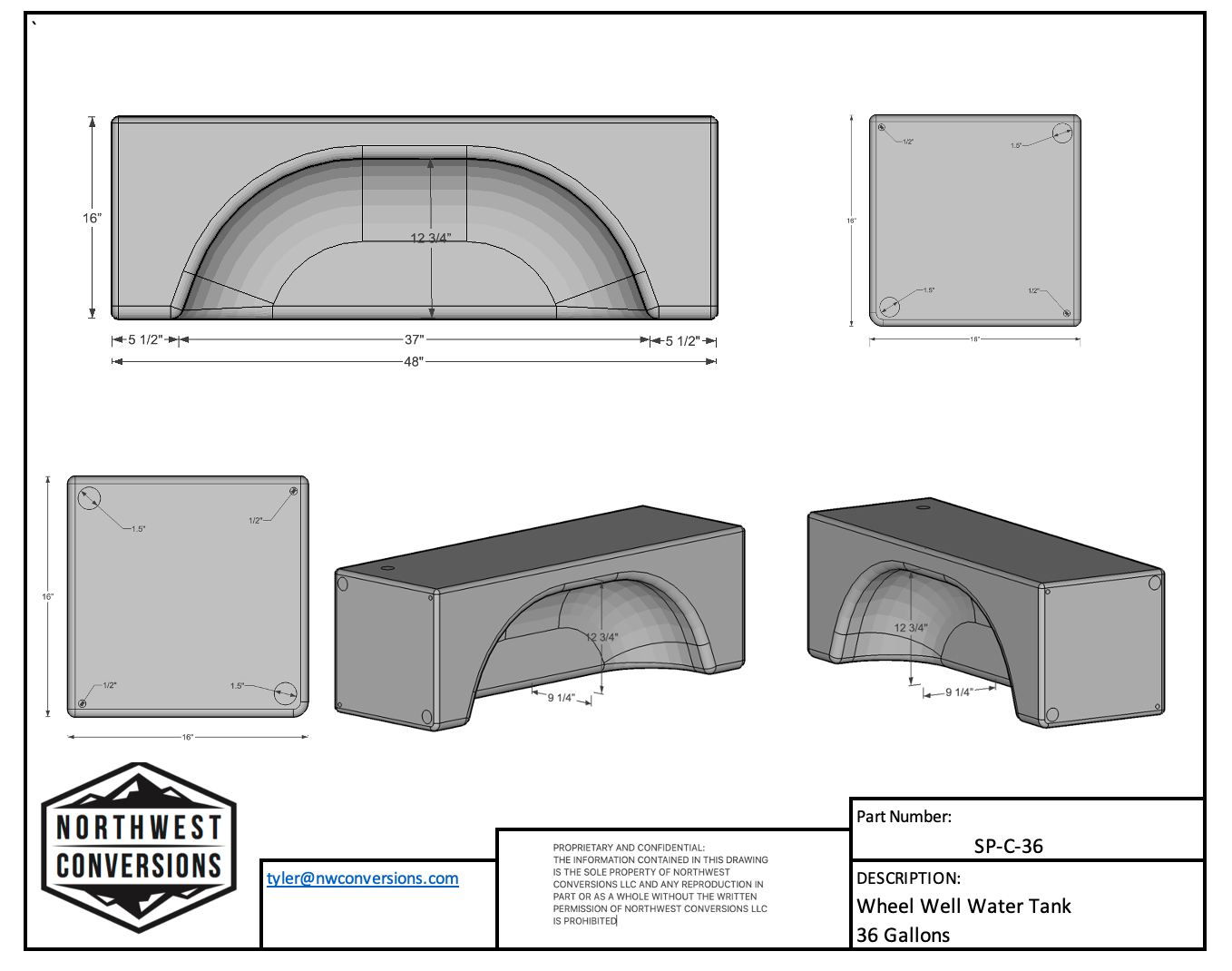 NW Conversions 36 Gallon Wheel Well Water Tank - Sprinter/Transit