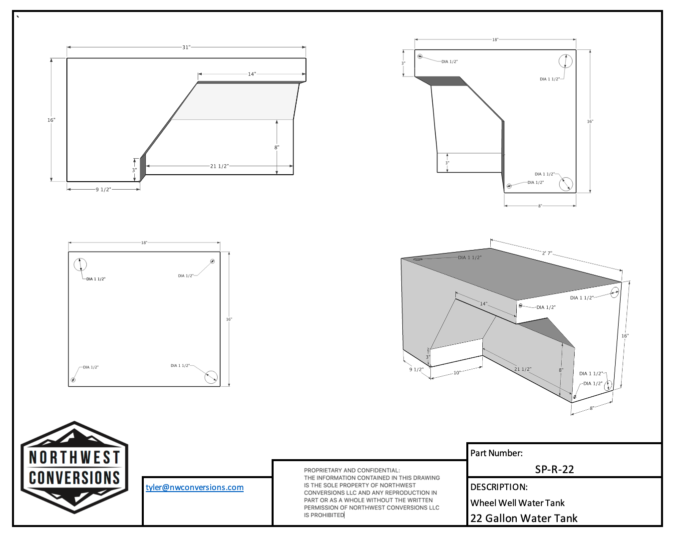 NW Conversions 22 Gallon Wheel Well Water Tank - Sprinter/Transit (Passenger Side)