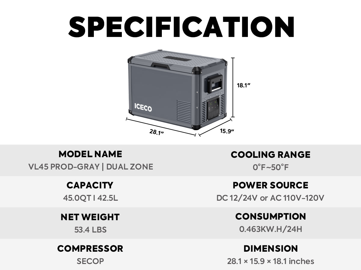 ICECO VL45ProD 12/24V Dual Zone Portable Refrigerator Freezer 45L