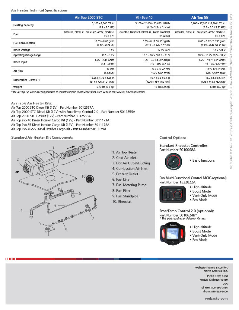 Webasto Air Top 2000 STC Gasoline Heater with Rheostat Controller