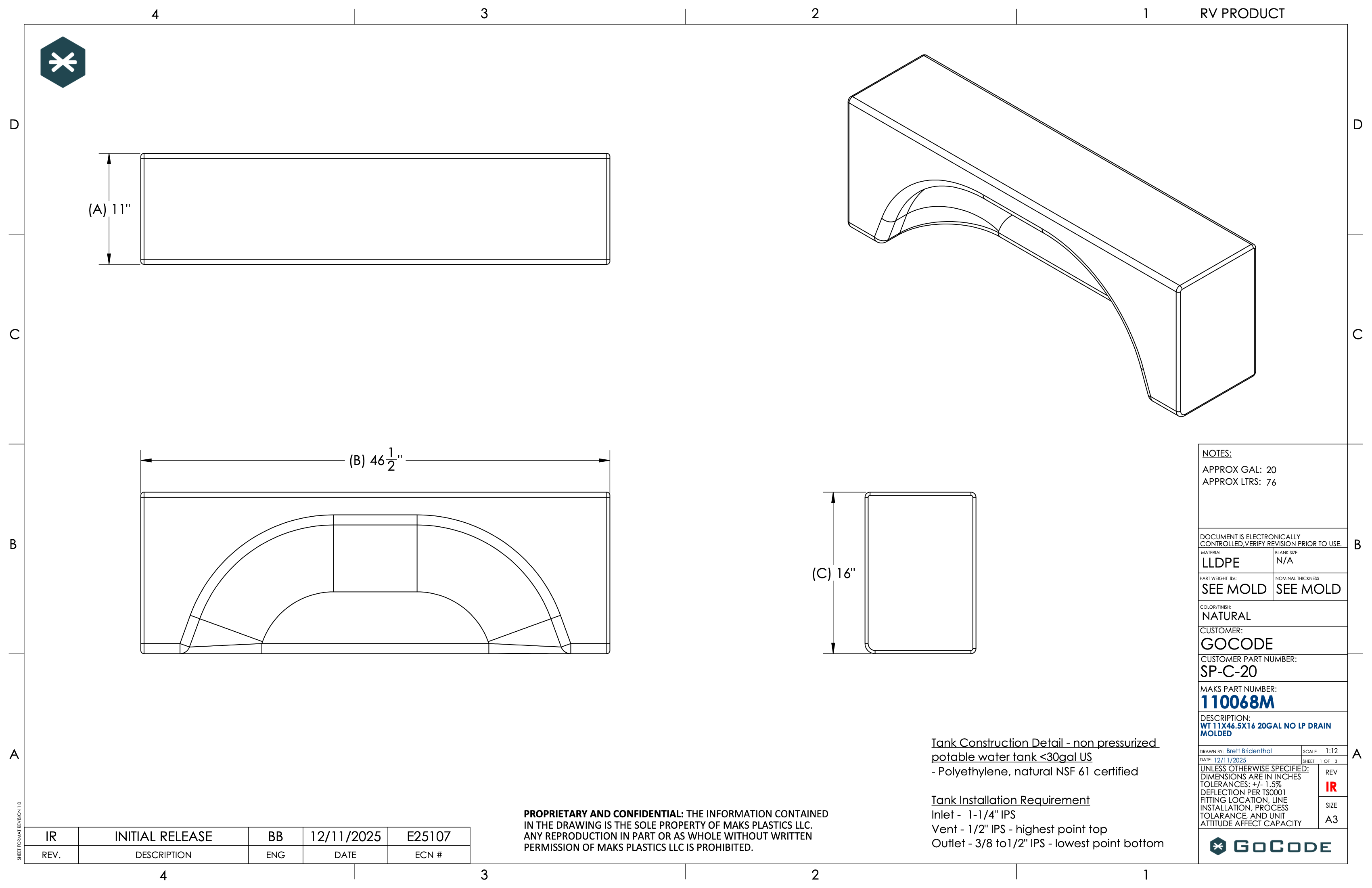 NW Conversions 20 Gallon Wheel Well Water Tank - Sprinter/Transit