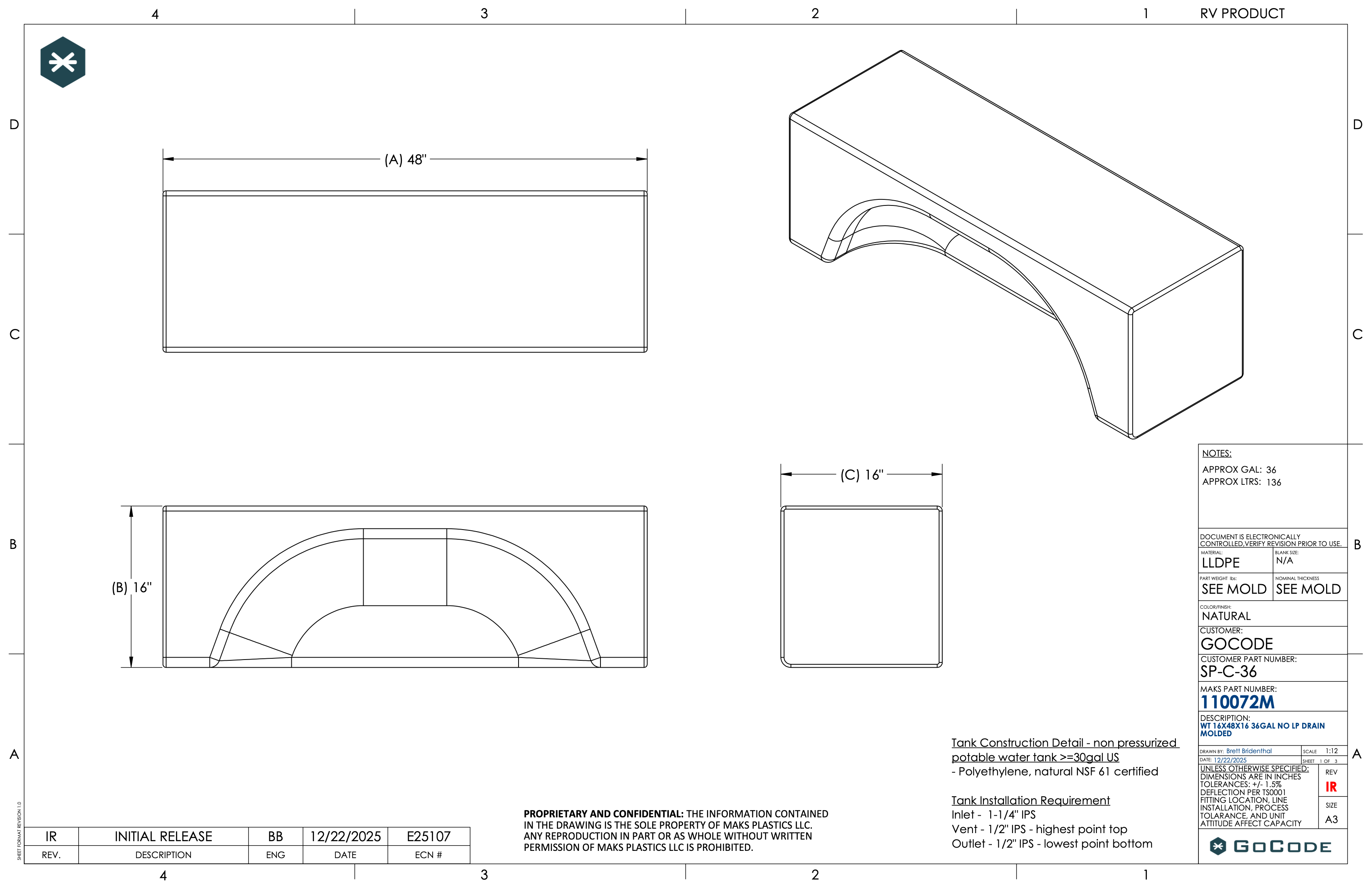 NW Conversions 36 Gallon Wheel Well Water Tank - Sprinter/Transit