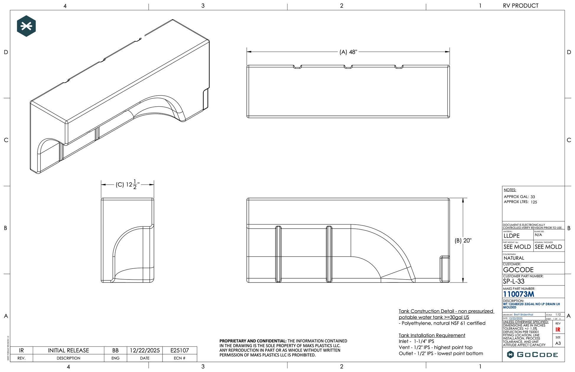 NW Conversions 33 Gallon Wheel Well Water Tank - Sprinter/Transit (Driver Side)