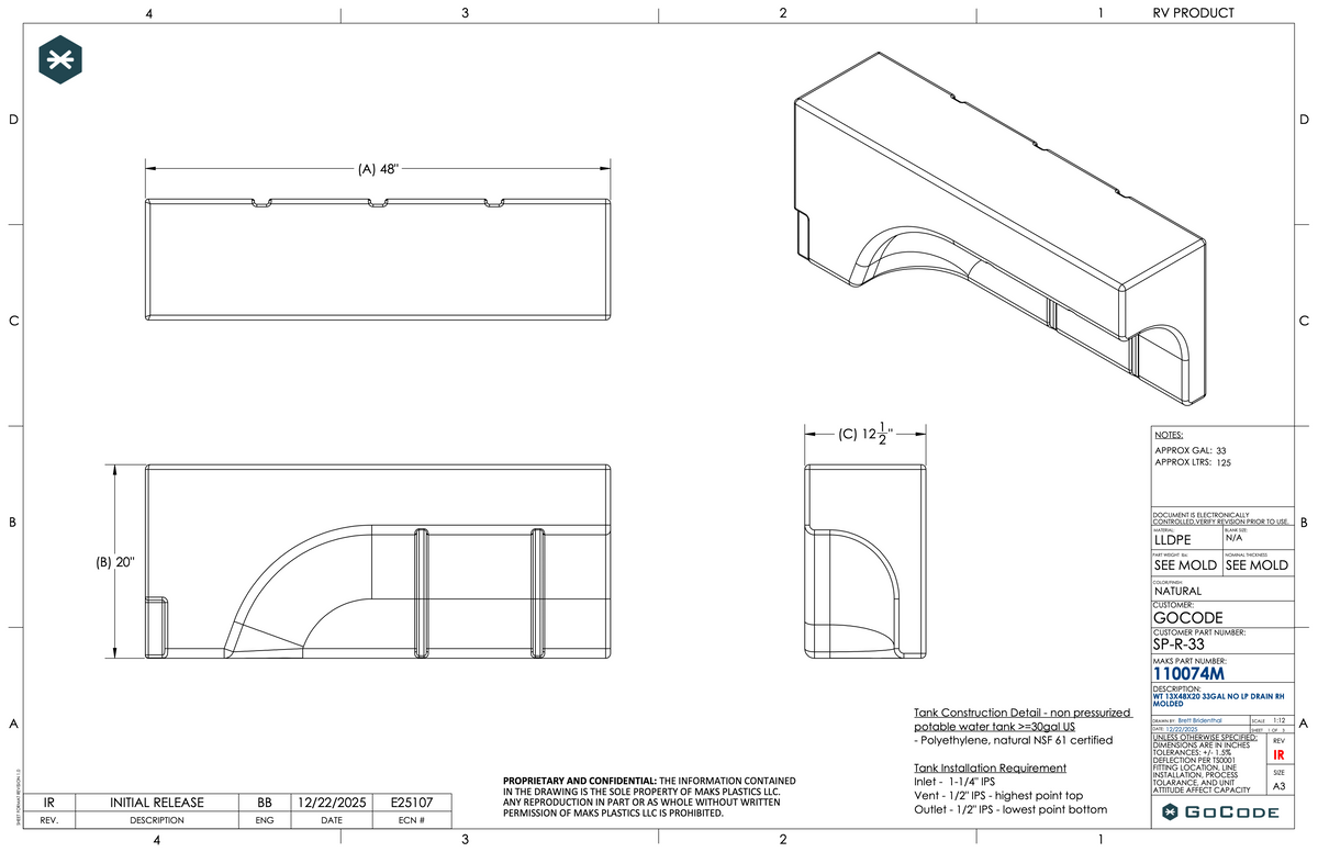 NW Conversions 33 Gallon Wheel Well Water Tank - Sprinter/Transit (Passenger Side)