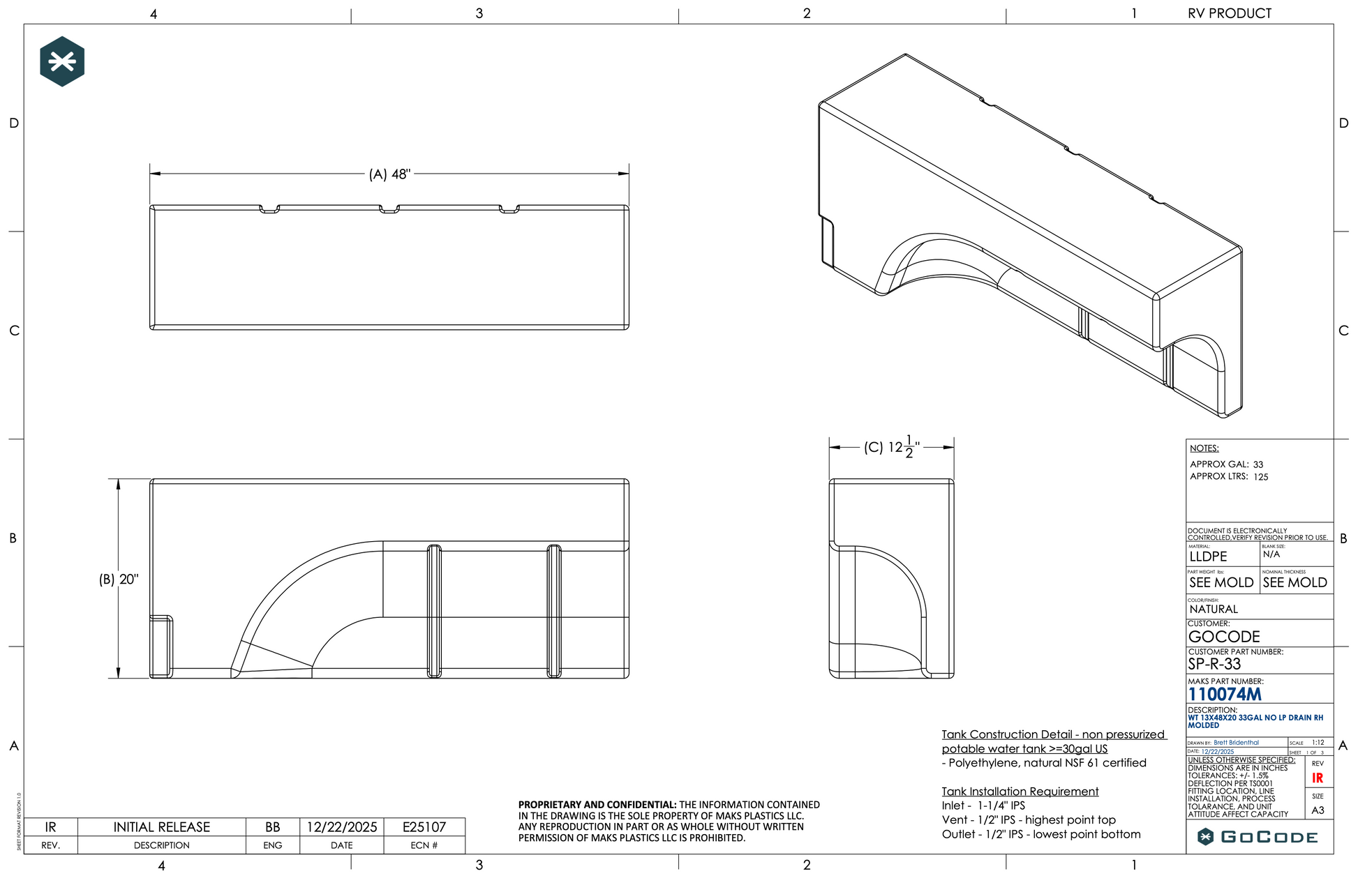 NW Conversions 33 Gallon Wheel Well Water Tank - Sprinter/Transit (Passenger Side)