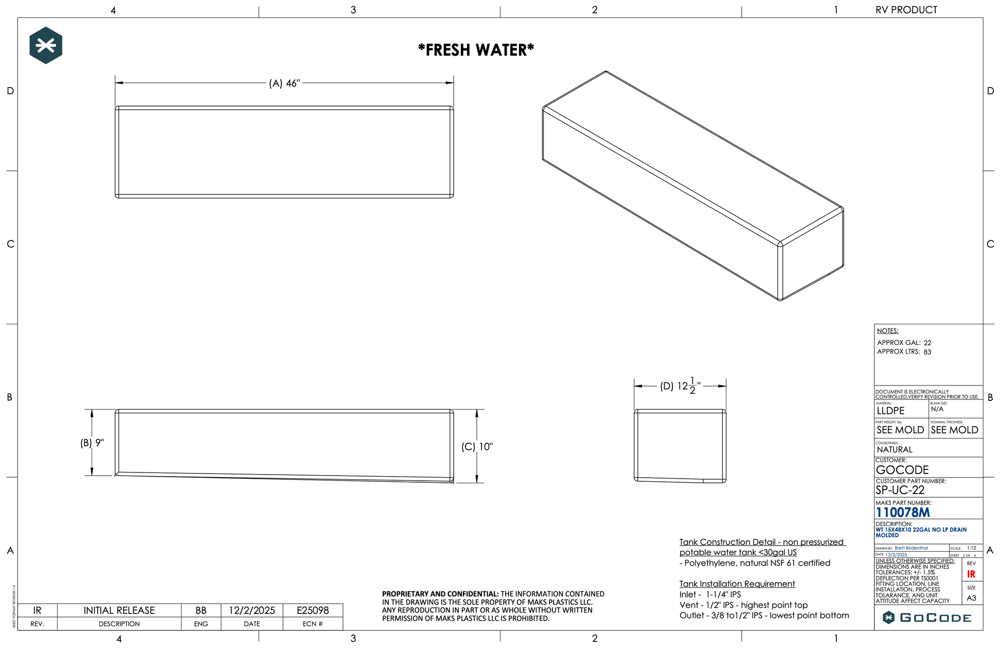 NW Conversions 22 Gallon Undercarriage Water Tank - Sprinter (Driver Side)