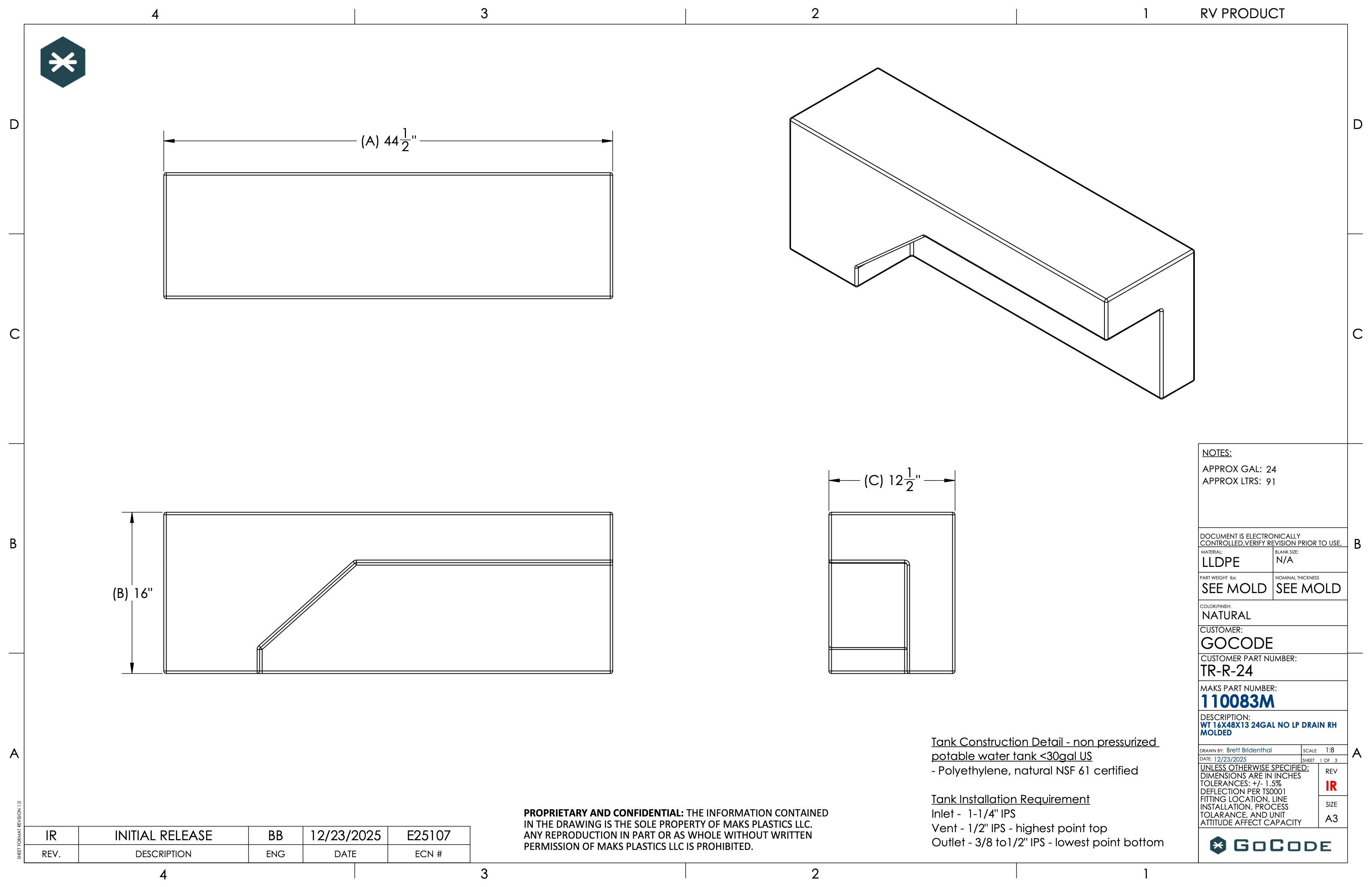 NW Conversions 24 Gallon Wheel Well Water Tank - Transit (Passenger Side)
