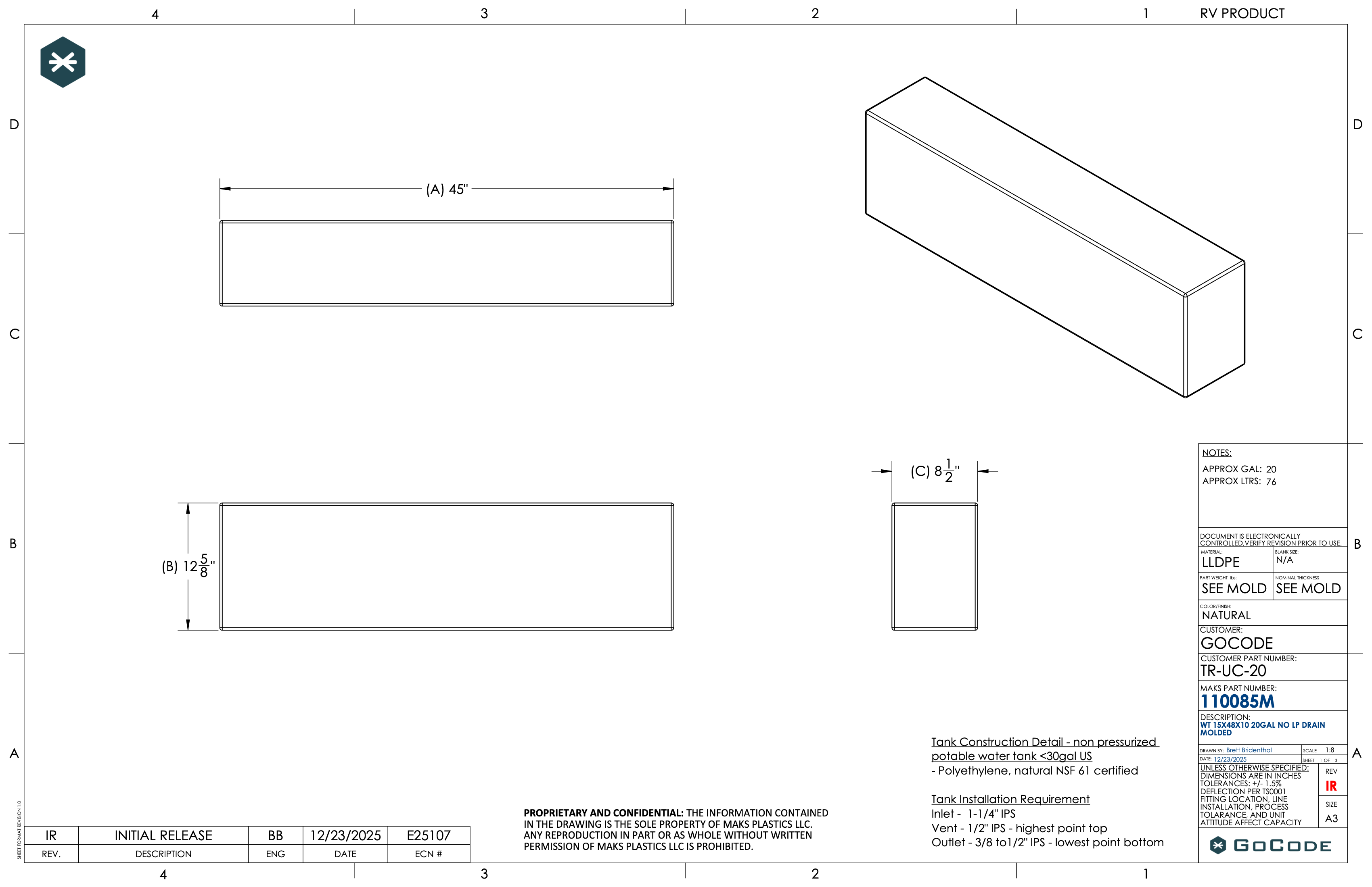 NW Conversions 20 Gallon Undercarriage Water Tank - Transit (Driver Side)