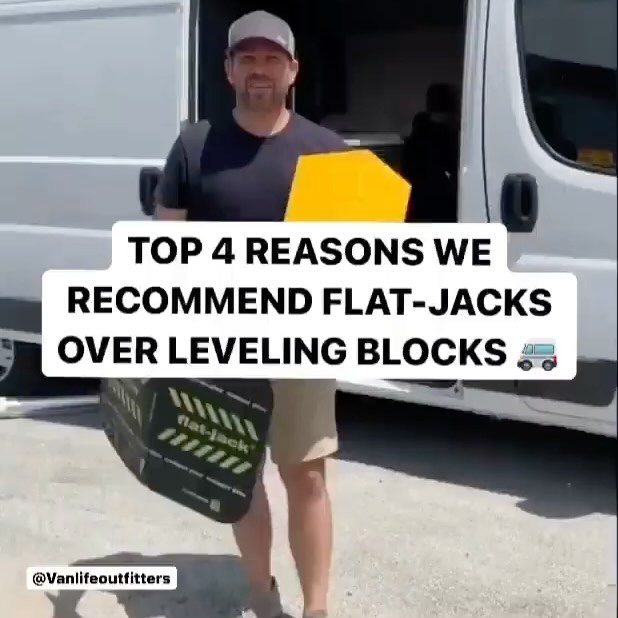 Top 4 reasons we recommend Flat-Jacks over leveling blocks 🚐😁  1. Flat-Jacks are super compact! Space is something you have to be very mindful of when living in a van, so carrying around bulky leveling blocks aren’t ideal. Flat-Jacks on the other hand can easily be stored without taking up a lot of space!   2. Flat-Jacks are made of super durable rhino liner like material. They can “air jack” up to 3.307 pounds per wheel and are wide enough for tired up to 10.8”.   3. Flat-Jacks are super easy to clean! One wipe.. and you’re done! Meanwhile, leveling blocks usually get dirt and mud in the crannies and can be a hassle to clean.   4. With the Flat-Jacks you simply place on the ground in front of your tires, and then roll the tires onto the Flat-Jack. You then can pump up the Flat-Jack with a hand pump or air compressor to raise the tire to exactly the level you need. Super easy compared to leveling blocks!   ✅ Vanlife Outfitters exclusive! We are the exclusive seller of this innovative product in North America!   Visit the link in our bio to learn more, or for more essential vanlife products including electric, insulation, flooring, cooling, and more! 🚐💨  Follow👉  @vanlifeoutfitters 👈 for daily tips, inspiration, and all things Vanlife.  • • • • • • • • • • #thisisvanlifeing  #vanlifemovement #vanlifevirals #vanlifeexplorers #thevanlifeapp #projectvanlife #vanlifediaries #vanlifecamper #vanlifedistrict #vanlifesociety #vanlifeculture #vanlifejournal #theroadsidecollective  #wanderfulroaming #vanliferules #vanlifemood #vanlifeoutfitters