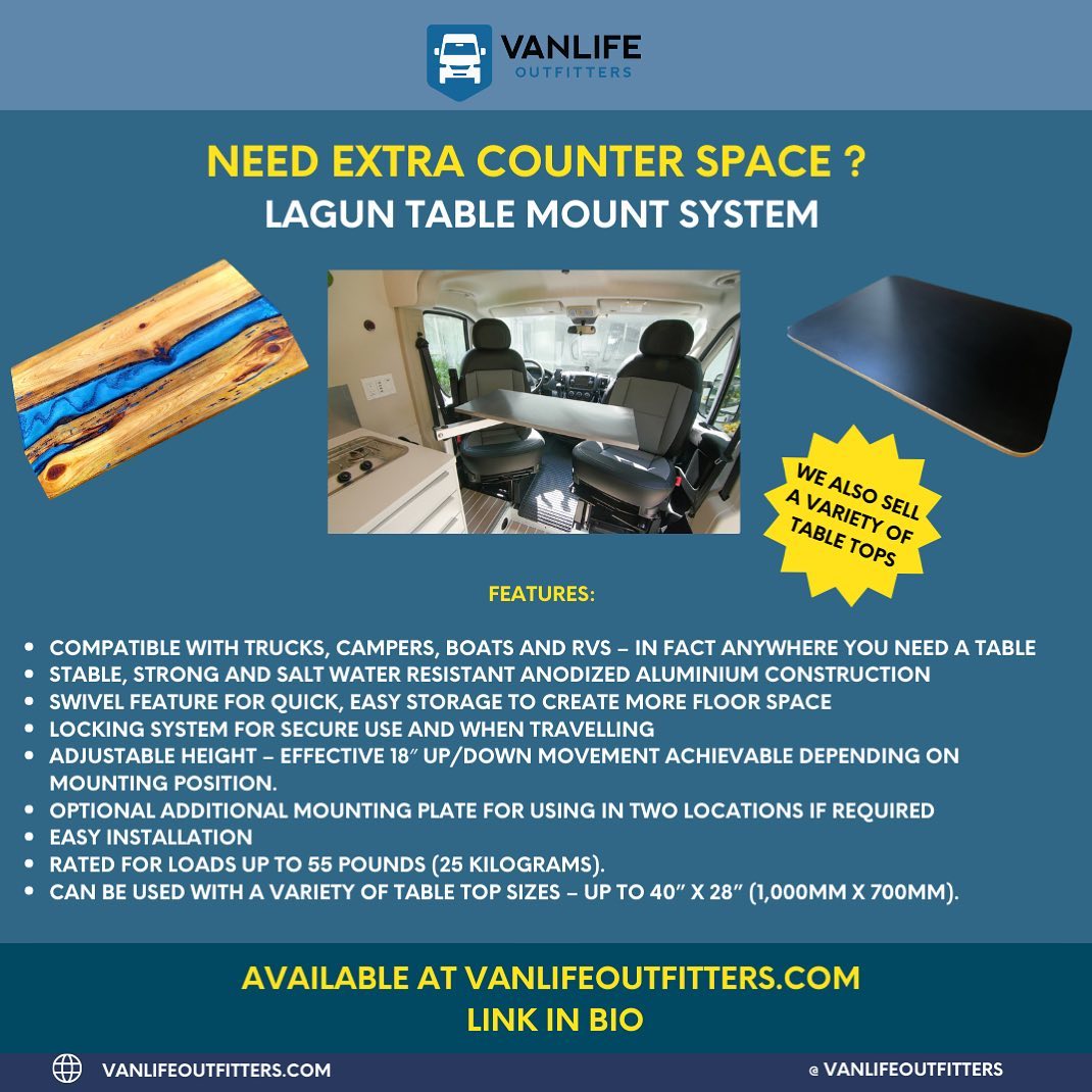 There are many reasons why the Lagun table mount is used in just about every camper van build you’ll see! First and foremost, it’s incredibly versatile – it moves up and down vertically, the arm swings in any direction and the mounting plate itself also spins in any direction. In addition, each of these movement points can be locked or unlocked independently. You can also easily remove the table top to be stored/used elsewhere in your build or you can remove the entire table system from it’s mount. You can even purchase an optional, additional mount so that the entire system can be used in a variety of places in your van. Finally, it’s constructed of durable yet lightweight aluminum. You really can’t beat this table system in terms of quality or versatility.  Follow👉  @vanlifeoutfitters 👈 for daily tips, inspiration, and all things Vanlife.   Visit the link in our bio for essential and exclusive vanlife products including electric, insulation, flooring, cooling, and so much more. Link in bio. 🚐💨  To get features, use #Vanlifeoutfitters or tag us @vanlifeoutfitters 📲 • •  - #vanlife #vanlifetravel #vanlifeexplorers #vanlifemotivation #vanlifediaries #vanlifers #vanlifeideas #vanlifemovement #homeonwheels #motorhome #vanlifer #homeiswhereyouparkit #buslife #campervan #vanlifestyle #rvliving #rvlifestyle #vanconversion #camperlifestyle #vanlifeing #vandwelling #vandweller #hippievan #vangoals #theprojectvanlife #vanvibes #vanliving #diycamper #projectvanlife