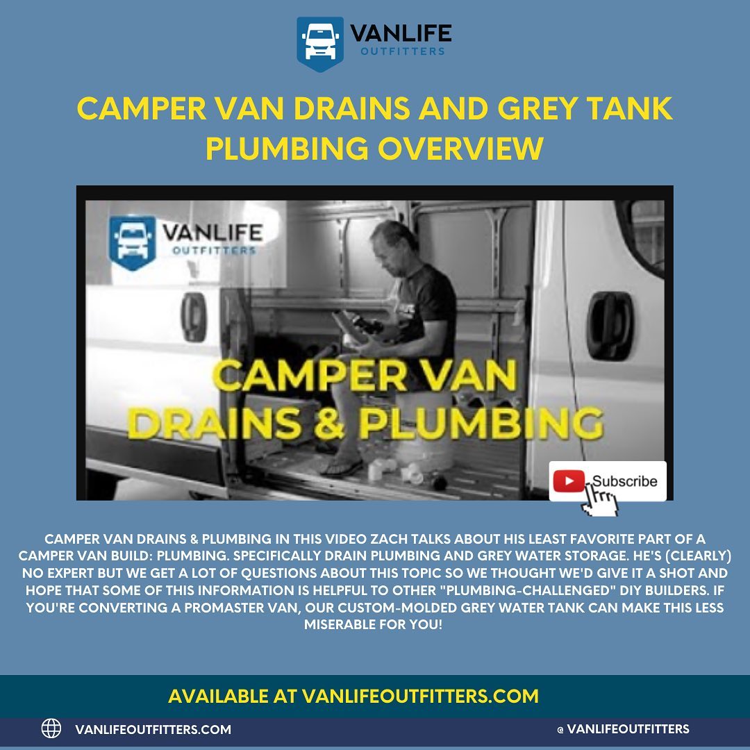 In this video Zach talks about his least favorite part of a camper van build: plumbing. Specifically drain plumbing and grey water storage. He's (clearly) no expert but we get a lot of questions about this topic so we thought we'd give it a shot and hope that some of this information is helpful to other "plumbing-challenged" DIY builders.  If you're converting a Promaster van, our custom-molded grey water tank can make this less miserable for you!  Watch Full Video on Youtube. Link in Bio! 📲  Follow👉  @vanlifeoutfitters 👈 for daily tips, inspiration, and all things Vanlife.   Visit the link in our bio for essential and exclusive vanlife products including electric, insulation, flooring, cooling, and so much more. Link in bio. 🚐💨  To get features, use #Vanlifeoutfitters or tag us @vanlifeoutfitters 📲 • •  - #vanlife #vanlifetravel #vanlifeexplorers #vanlifemotivation #vanlifediaries #vanlifers #vanlifeideas #vanlifemovement #homeonwheels #motorhome #vanlifer #homeiswhereyouparkit #buslife #campervan #vanlifestyle #rvliving #rvlifestyle #vanconversion #camperlifestyle #vanlifeing #vandwelling #vandweller #hippievan #vangoals #theprojectvanlife #vanvibes #vanliving #diycamper #projectvanlife