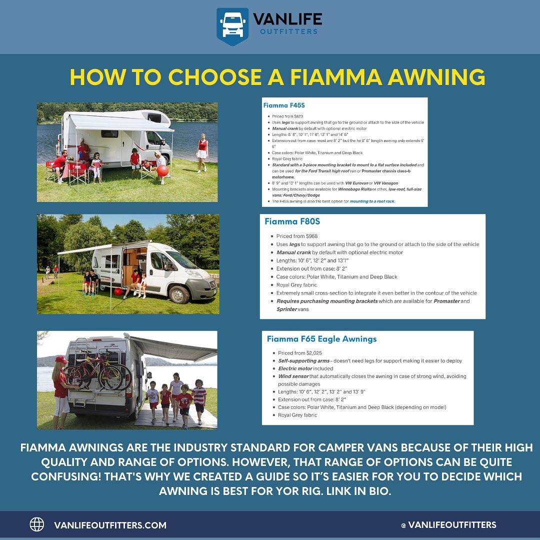 Fiamma awning are the industry standards for camper cans because of their high quality and range of options. However, that range of options can be quite confusing! 

That's why we created a guide to help you decide which awning is best for your rig. Link in bio 📲

Visit our website for essential and exclusive vanlife products including electric, insulation, flooring, cooking, and more! Link in bio 📲

Follow @vanlifeoutfitters for daily tips, inspiration, and all things Vanlife. 🚐

*
*
*
*
*
*
*
*
*
#vanlifetravelhub #whatawonderfulway #vanlife #vanlifediaries #vanlifeproject #vanlifeculture #vanlifeexplorers #vanclan #vanlifemagazine #vanlifehack #vanlifereality #campingcar #rvlife #campervan #camperlife #tinyhouse #offroading #offgrid #vanlifevirals #vanlifeliving #minicamper #travelphotography #travelblogger #traveltheworld #travelcommunity #travel_captures #travelawesome #wanderlust #vanconversion
