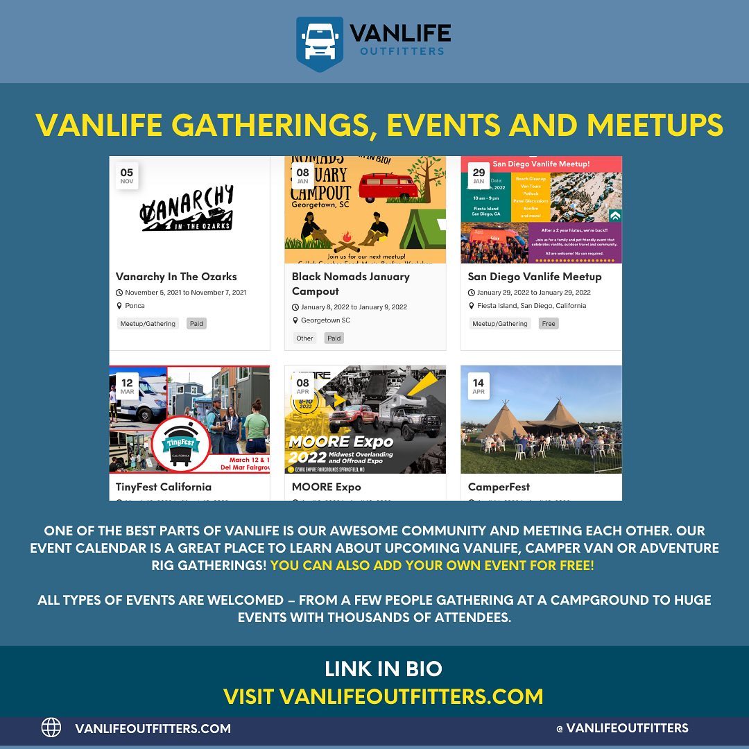 One of the most amazing parts of vanlife is the community and meeting each other out on the road! 

Check out our event calendar to learn about vanlife, camper van or adventure rig gatherings that we’re aware of. You can also add events for FREE and ALL TYPES of events are welcomed – from a few people gathering at a campground to huge events with thousands of attendees. Link in bio 📲

Follow @vanlifeoutfitters for daily tips, inspiration, and all things Vanlife. 🚐

To get featured, use #Vanlifeoutfitters or tag us @vanlifeoutfitters 📲
•
•
•
•
•
•
•
•
#vanlifecalendar #vanlifeevents #vanlifetravelhub #whatawonderfulway #vanlife #vanlifediaries #vanlifeproject #vanlifeculture #vanlifeexplorers #vanclan #vanlifemagazine #vanlifehack #vanlifereality #campingcar #rvlife #campervan #camperlife #tinyhouse #offroading #offgrid #vanlifevirals #vanlifeliving #minicamper #travelphotography #travelblogger #traveltheworld #travelcommunity #travel_captures #vanconversionld