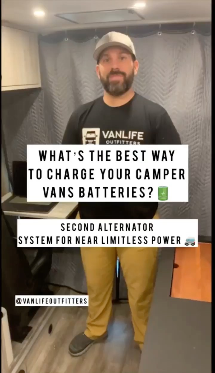 What’s the best way to charge your camper van’s batteries? 🚐  Over the last few years new devices (12v AC’s, Induction Cooktops, Water Heaters, Etc) have created a need for larger battery banks and with larger battery banks comes a need for more powerful and efficient charging systems.   The three most popular ways to charge your batteries are shore power, solar and charging from your vehicle’s alternator.   1. Shore power isn’t ideal for vanlifers because we like to camp off-grid away from busy campgrounds.   2. Solar isn’t ideal, because the technology isn’t very efficient and even in optimal conditions with a roof full of panels it probably isn’t going to generate enough power to charge a large battery bank.   3. The third option, DC to DC charging from your alternator is great because you are harnessing the power created by your vehicle’s engine as you drive.  After all, you are basically running a generator every time you drive, so you might as well take advantage, right?   The most powerful DC to DC charger configurations currently on the market typically top off at 60amps which means for every hour you drive you are generating 60 amp hours of stored power in your batteries.  The problem comes in when you have a large battery bank.  Let’s use a 600 amp hour battery bank as an example.  If your battery is almost empty it would take you 9-10 hours of driving to fully recharging your battery bank.  Most people aren’t usually driving 9-10 hours at a time.   So what is the solution?  A secondary alternator is the solution.  With a secondary (more powerful) alternator, you have an alternator that is dedicated to charging your house batteries at 200amps even when idling.  This means that it would only take three hours to charge your battery bank from zero to 600amps in about three hours.
