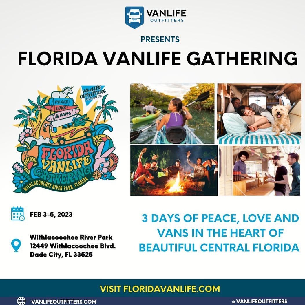 Join us  FEB 3-5, 2023 for 3 days of peace, love, and vans in the heart of beautiful central Florida.🏕 Vanlifers and nomads coming together to connect with each other, learn from vendors, interact with workshop leaders, and have fun in nature. 🌅🔸A weekend of fun in the sun for all ages🔸Music, laughter, campfires, product demos, van builder talks, educational workshops🔸Access to hiking, biking, kayaking, fishing, and more right from camp🔸Local craft beer and group potlucks🔸Dedicated section for rigs for saleThere are ticket options for rigs under 30’, over 30’, then campers, and add-on options for those wishing for electrical plug-ins and water.BUY YOUR TICKETS NOW! We’re selling out camping spots fast !! Link in bio 📲Visit floridavanlife.com for more info.Follow @florida.vanlife for festival updates. Our full event schedule will be released as the event gets closer. 📣 ⁣.⁣.⁣.⁣.⁣.⁣#4wd #4x4 #4x4offroad #offroad #offroading #ontheroad #overland #overlanding #overlandlife #modernvanlifers #sprintervan #vanlife #vanlifeexplorers #vanlifeisawesome #vanlifejournal #vanliferscommunity✨